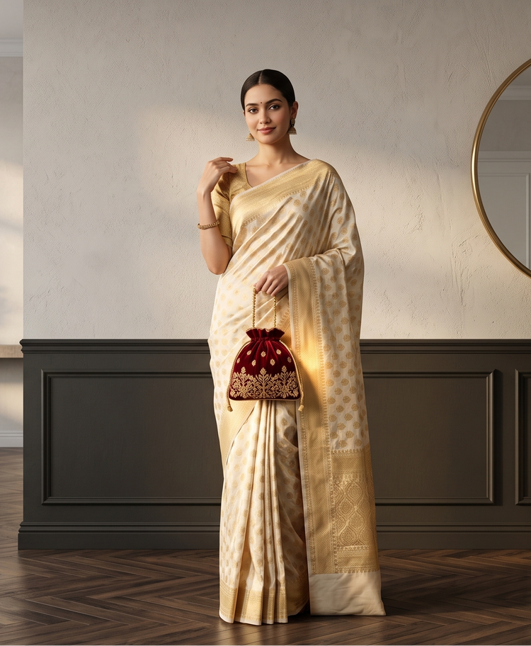 A woman stands in a styled interior room wearing a cream and gold patterned saree and holding a small red patterned handbag.