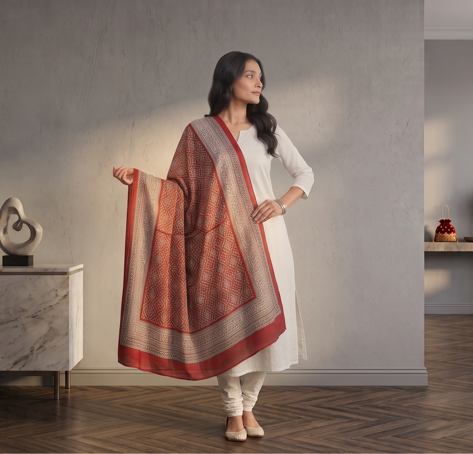 A woman stands in a modern room wearing a white kurta and pants, holding up a large dupatta with a rust-red border and a warm brown and beige patterned center.