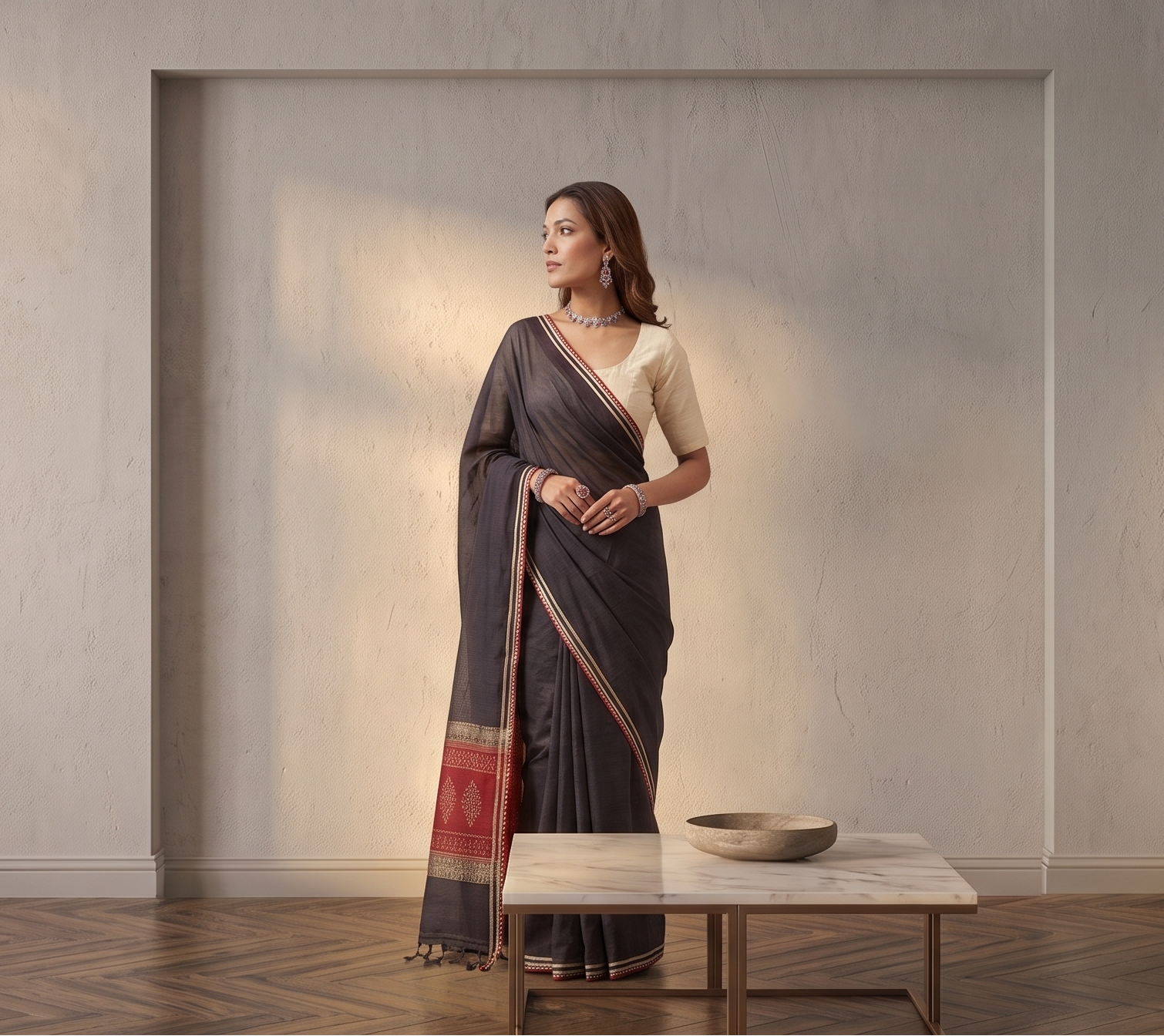 A woman wearing a dark gray and red saree with a cream blouse stands in a minimalist, modern room with warm sunlight streaming through a window.