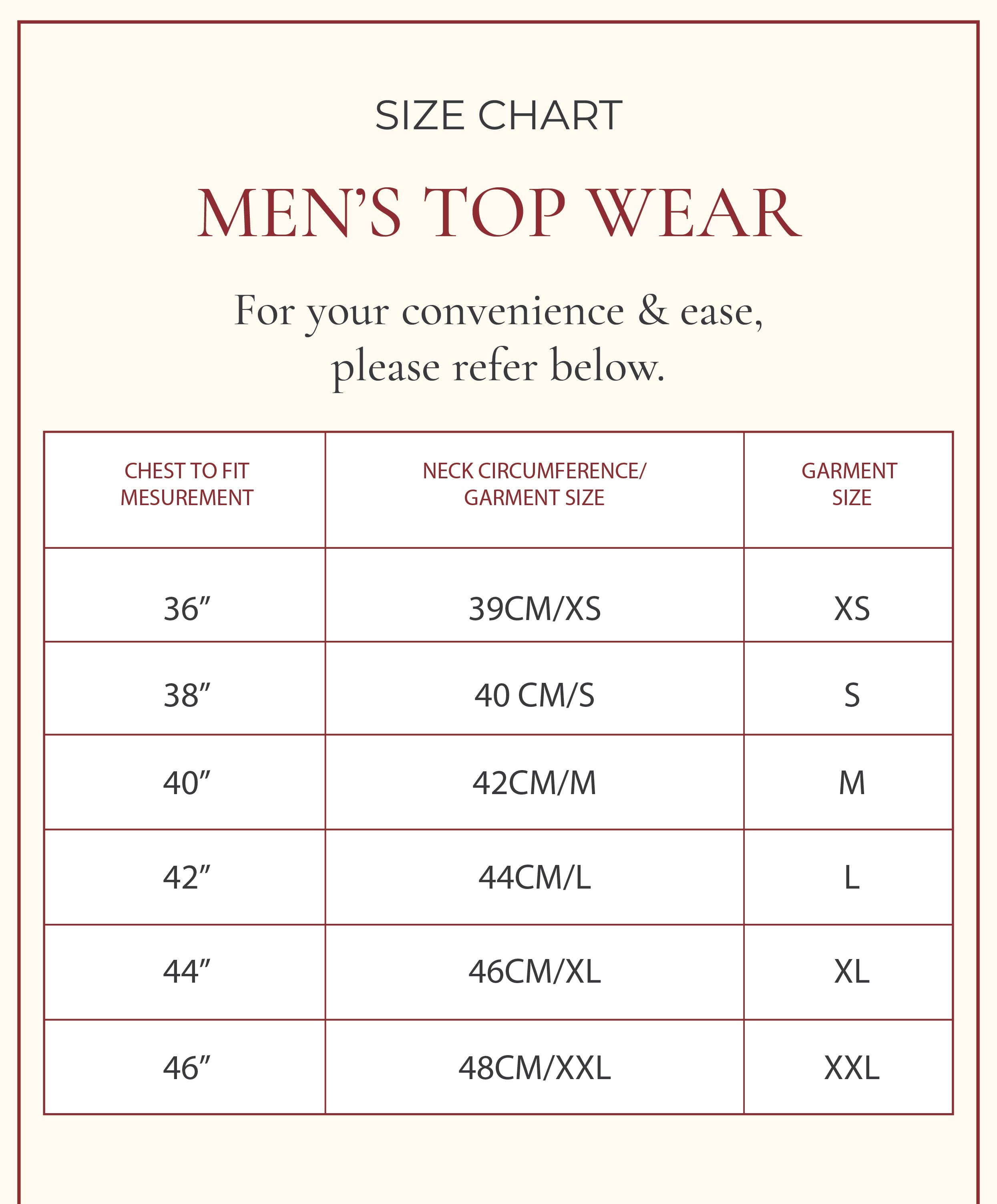 A size chart graphic for men's top wear, showing a table with chest-to-fit measurements, neck circumference/garment size, and garment size in centimeters and letters.
