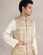 Beige Silk Hand Block Printed Nehru Jacket
