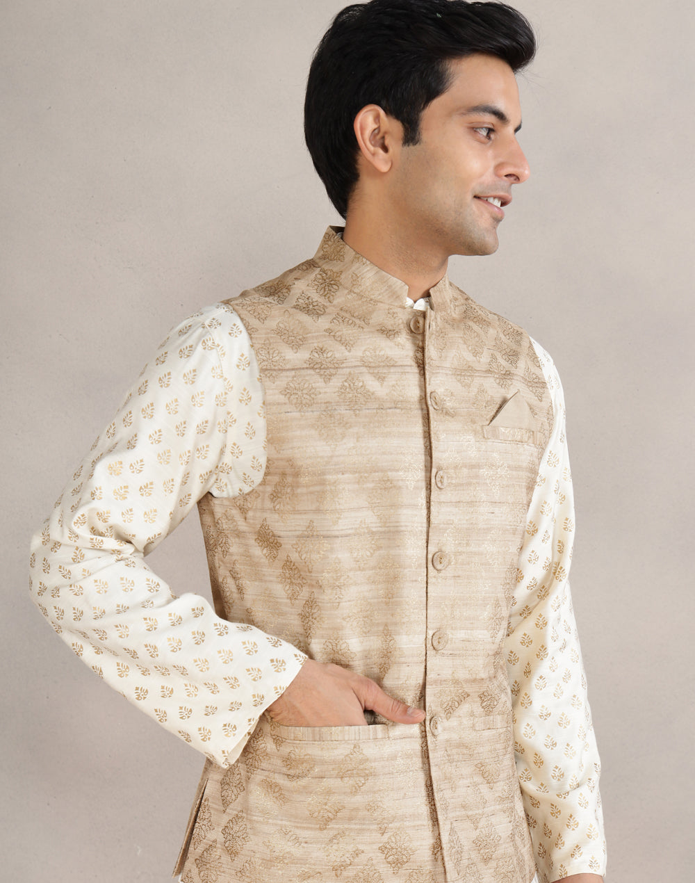 Beige Silk Hand Block Printed Nehru Jacket