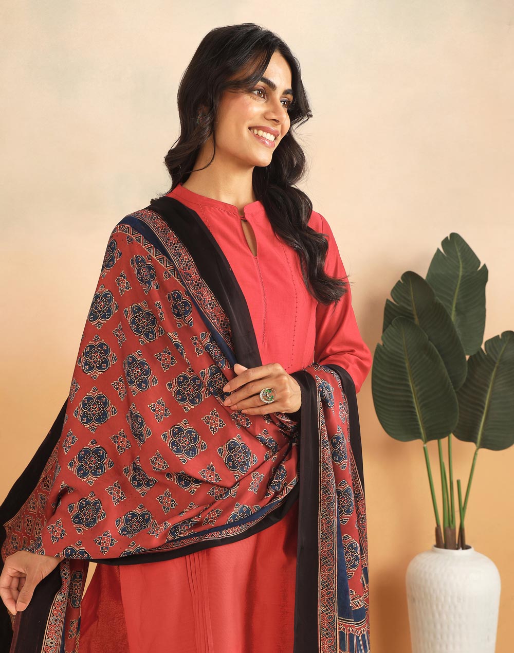 Red Viscose Blend Ajrakh Printed Dupatta
