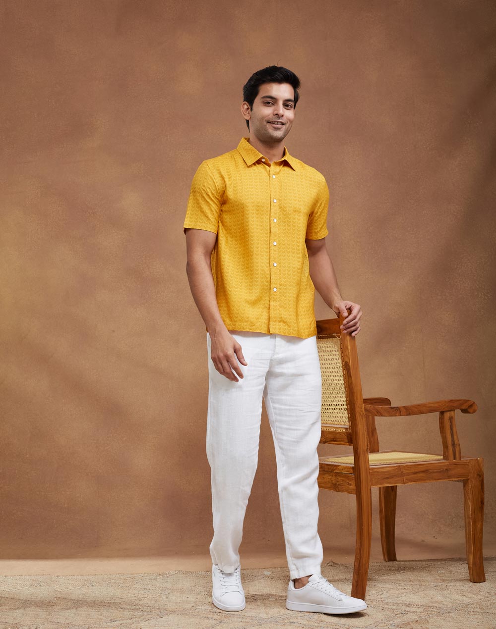 Yellow Viscose Silk Hand Block Printed Bush Shirt