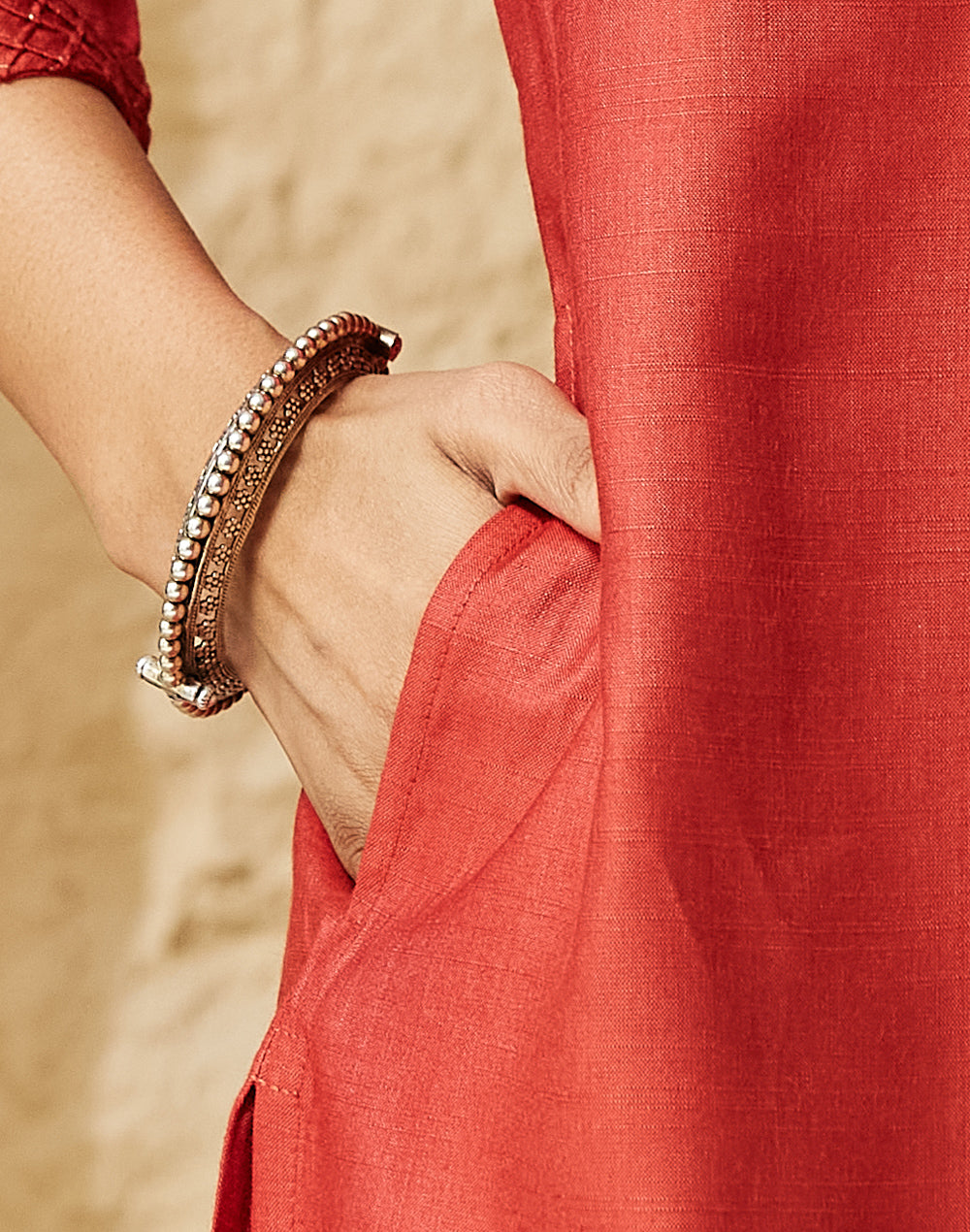 Rust Viscose Silk Pintuck Knee Length Kurta