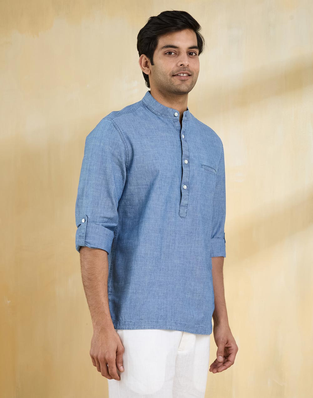 Blue Cotton Slim Fit Mid Placket Shirt