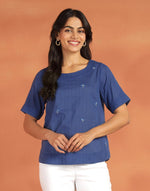 Indigo Cotton Hand Embroidered Arcadian Top