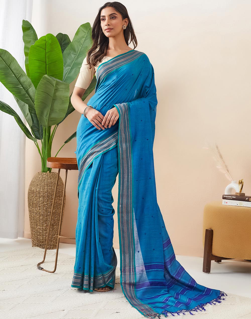 Teal Cotton Silk Blend Jamdani Woven Wonders Sari
