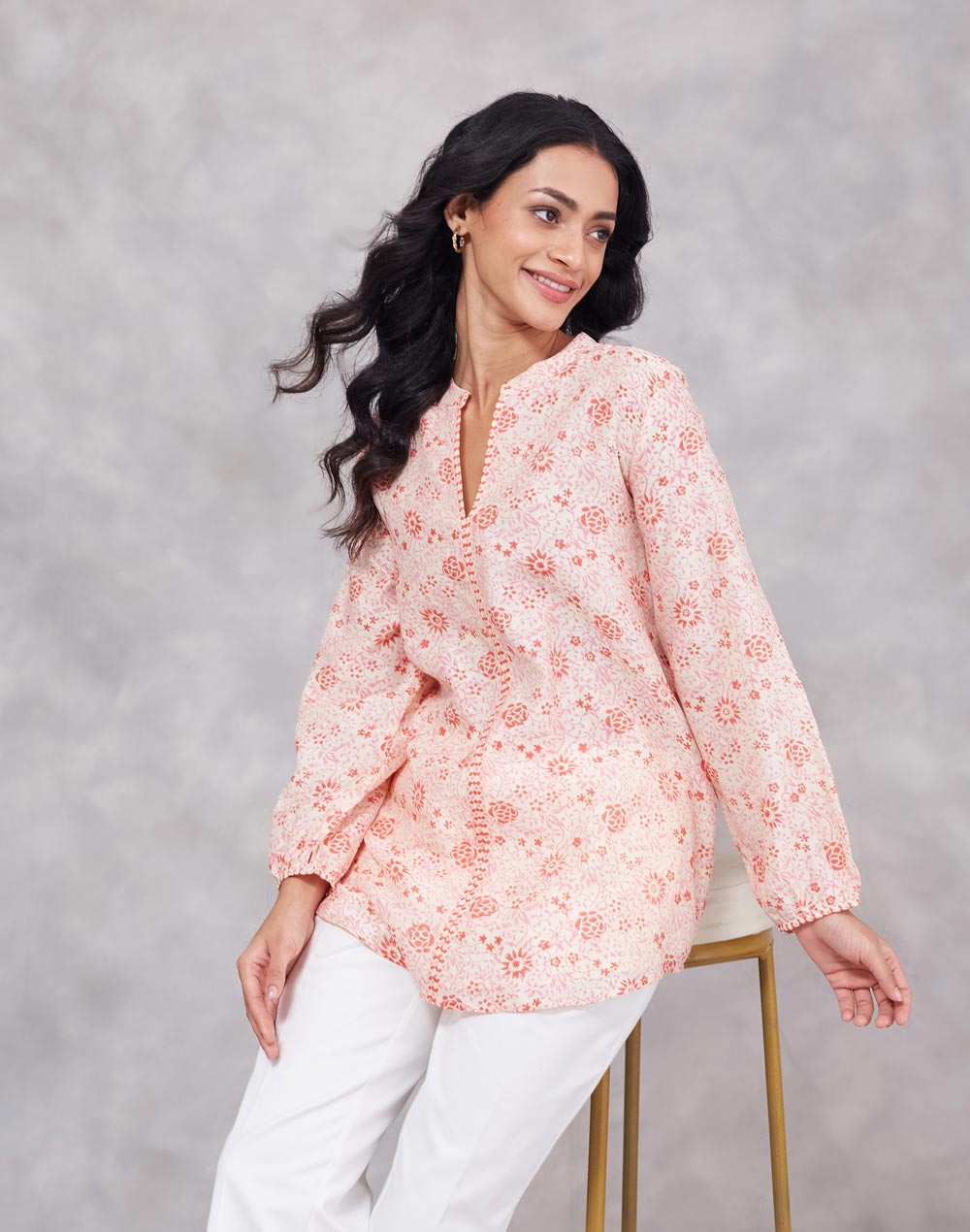 Pink Cotton Silk Hand Block Printed Tunic