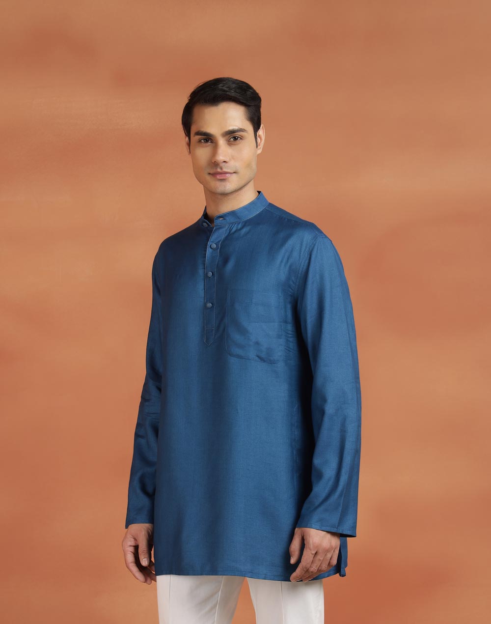 Blue Viscose Silk Short Kurta