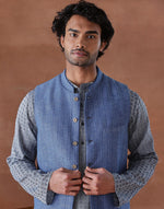 Blue Cotton Dobby Slim Fit Gathit Neel Nehru Jacket