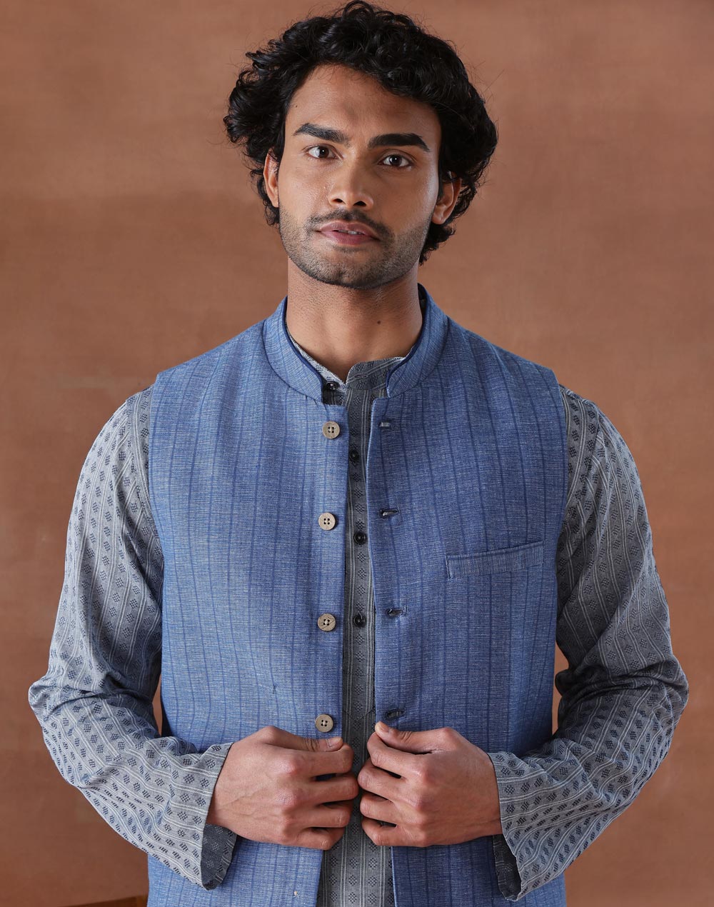 Blue Cotton Dobby Slim Fit Gathit Neel Nehru Jacket