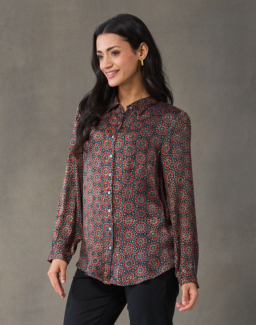 Blue-Red Rayon Blend Geometric Shirt