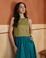Lime-Teal Cotton Blend Hand Block Printed Skirt Set
