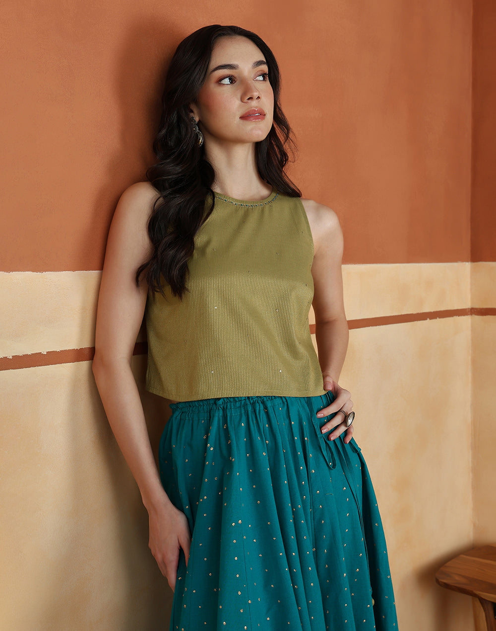 Lime-Teal Cotton Blend Hand Block Printed Skirt Set
