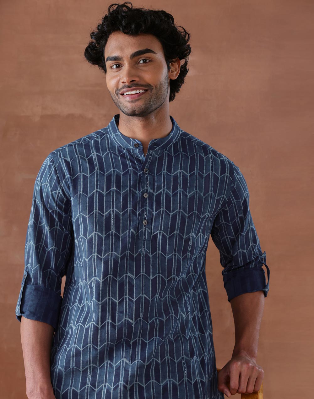 Indigo Cotton Dabu Printed Slim Fit Neel Baan Short Kurta