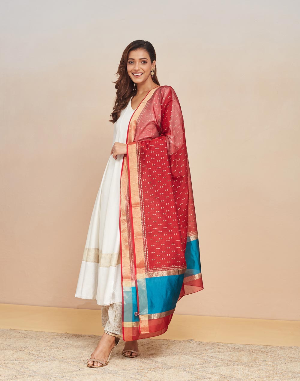 Red Cotton Silk Blend Hand Block Printed Dupatta