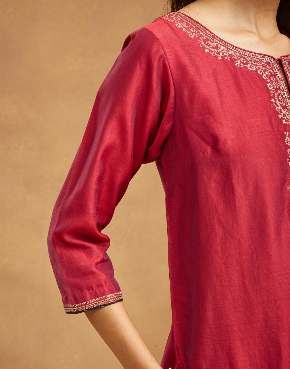Wine Cotton Silk Embroidered Long Kurta