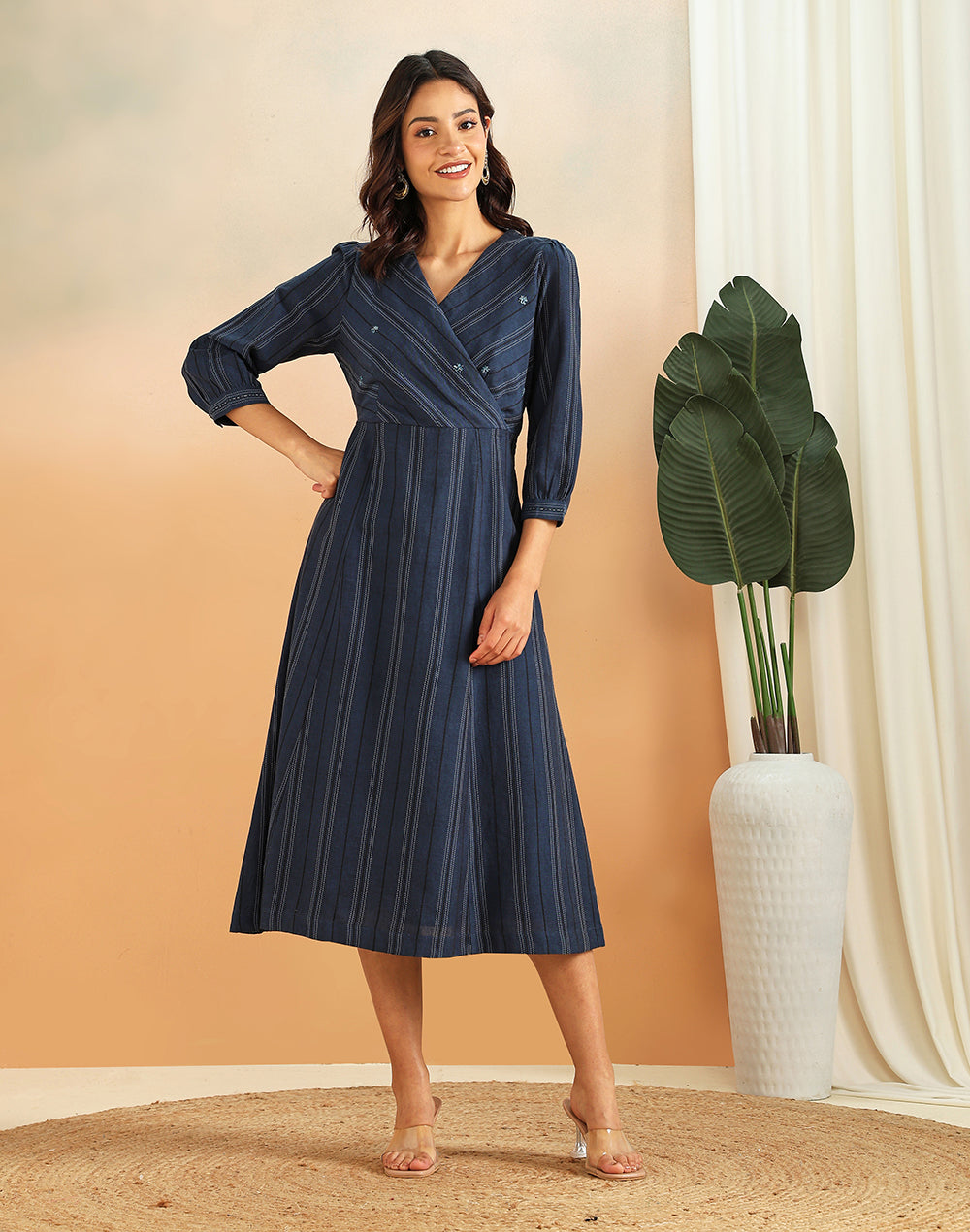 Blue Cotton Striped Midi Dress