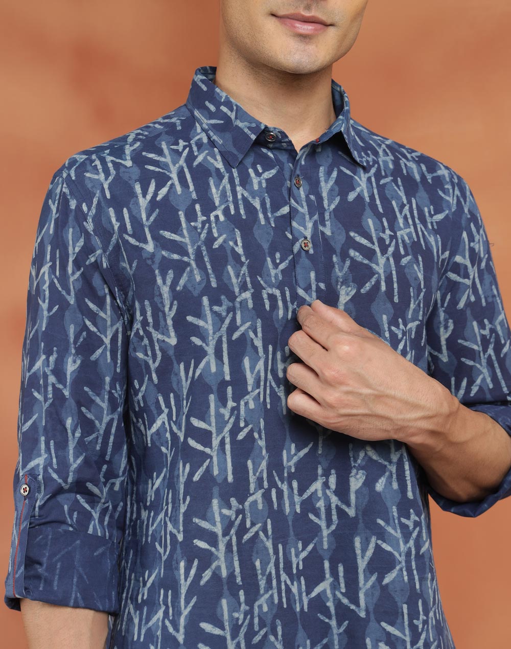 Indigo Cotton Dabu Slim Fit Short Kurta