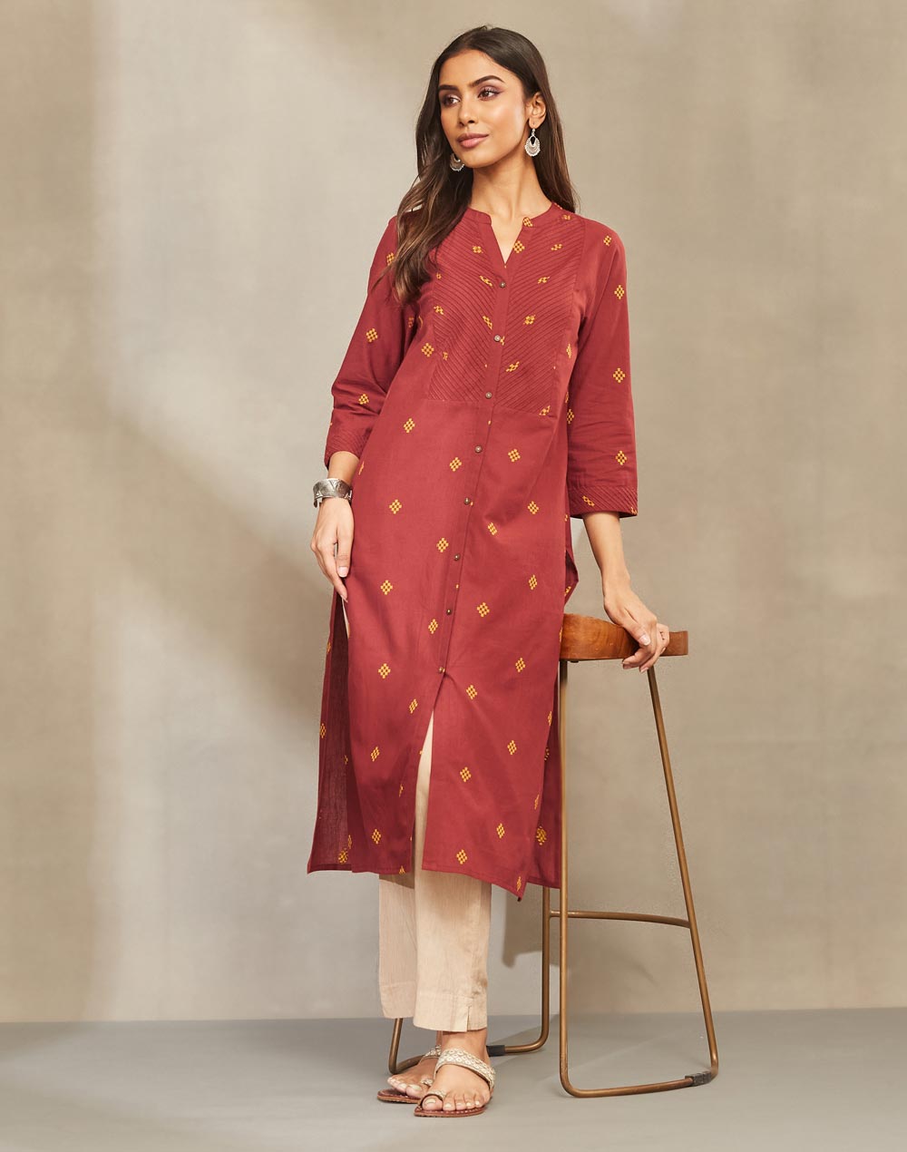 Maroon Cotton Slim Fit Long Kurta