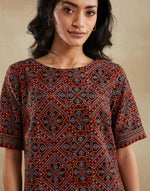Red Cotton Linen Ajrakh Printed Short Dress