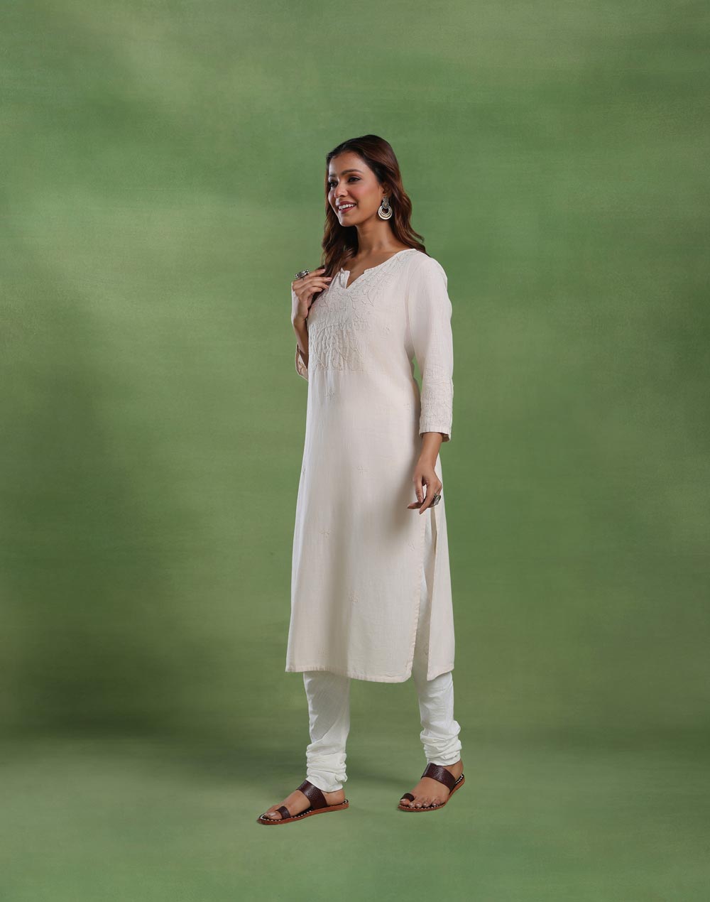 Beige Cotton Chikankari Long Kurta