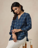 Blue Rayon Block Print Geometric Shirt for Women from Fabindia UK