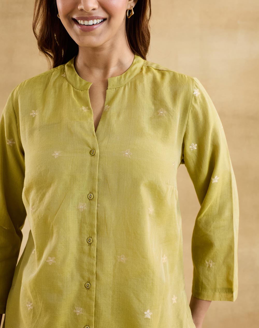 Green Cotton Silk Hand Embroidered Tunic