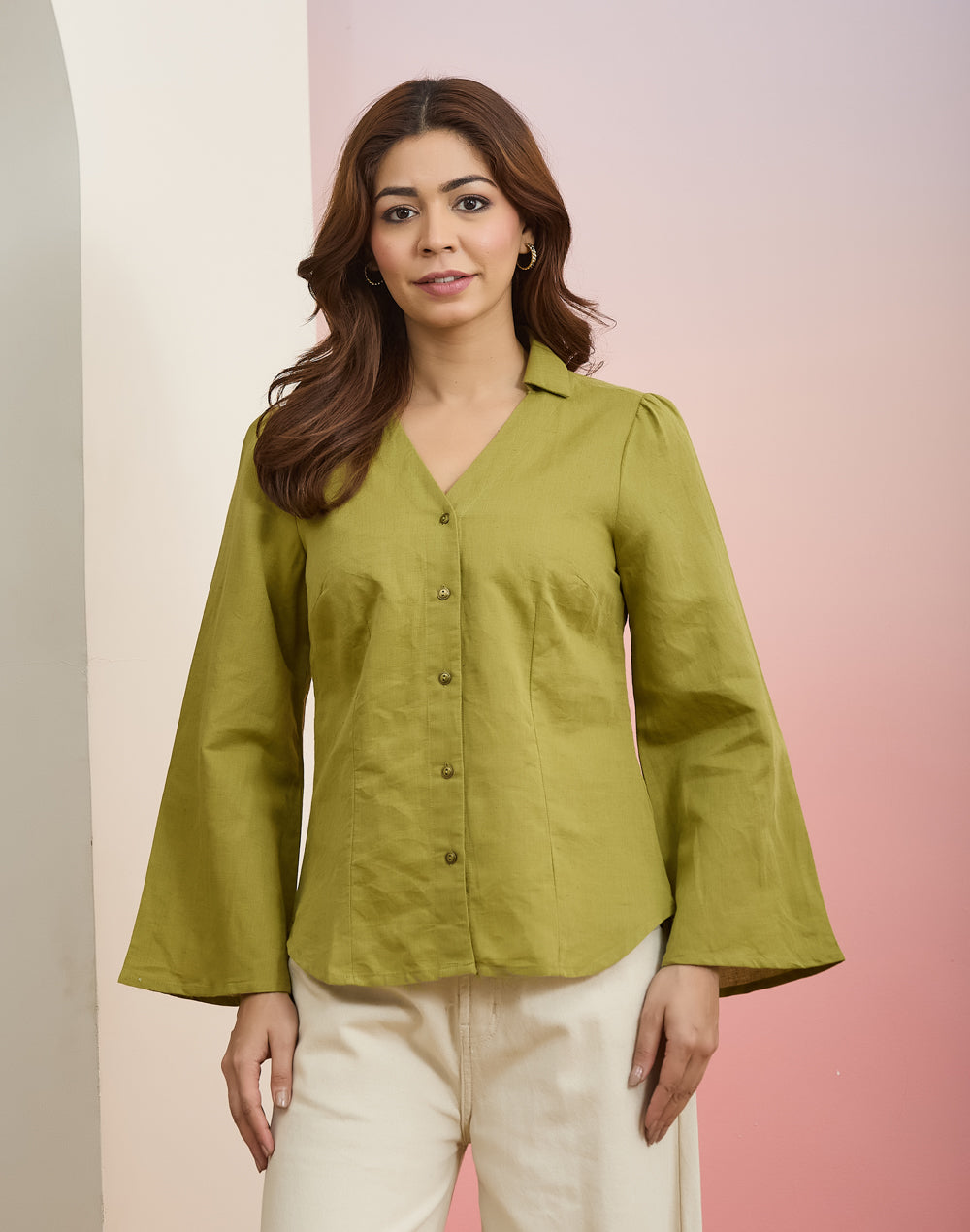 Cotton linen fabric detail on the Green Shirt