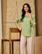 Green Rayon Block Print Geometric Top for Women from Fabindia UK