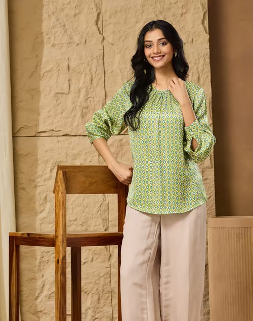 Green Rayon Block Print Geometric Top for Women from Fabindia UK