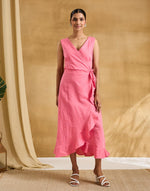 Pink Cotton Linen Tulip Wrap Midi Dress
