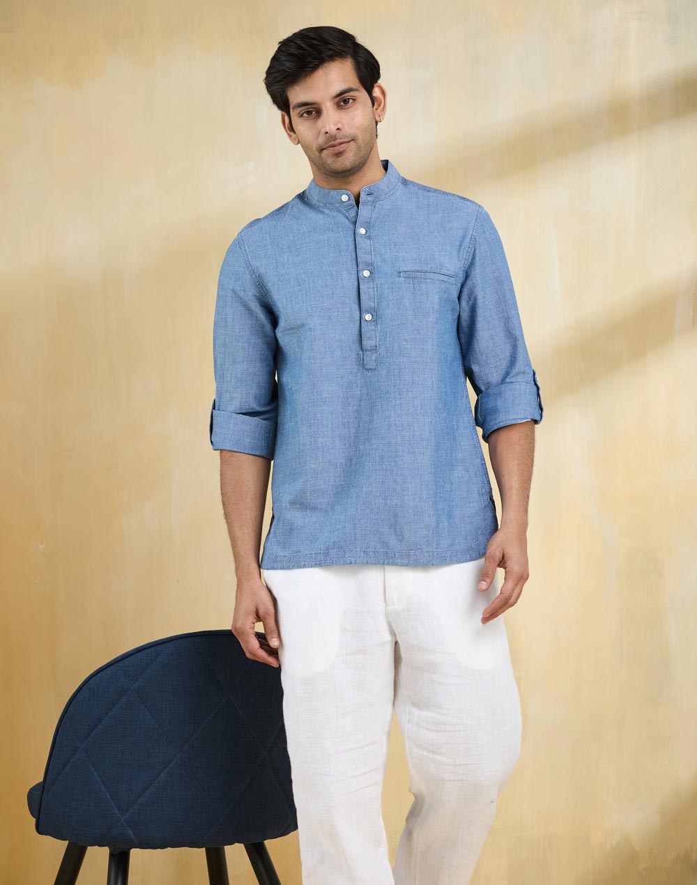 Blue Cotton Slim Fit Mid Placket Shirt