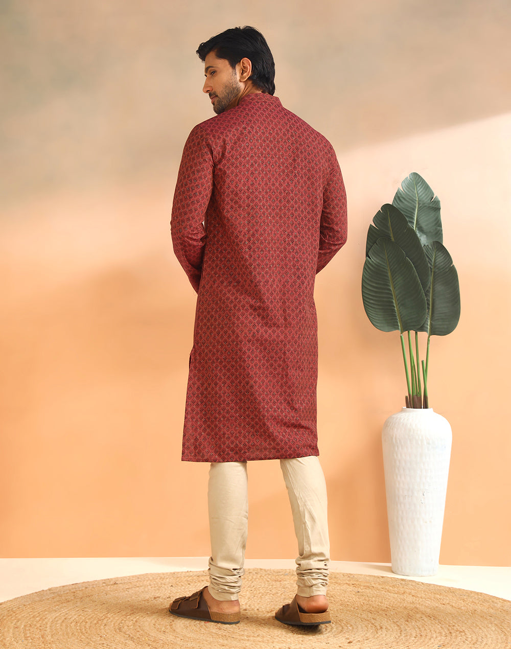 Orange Cotton Printed Slim Fit Long Kurta