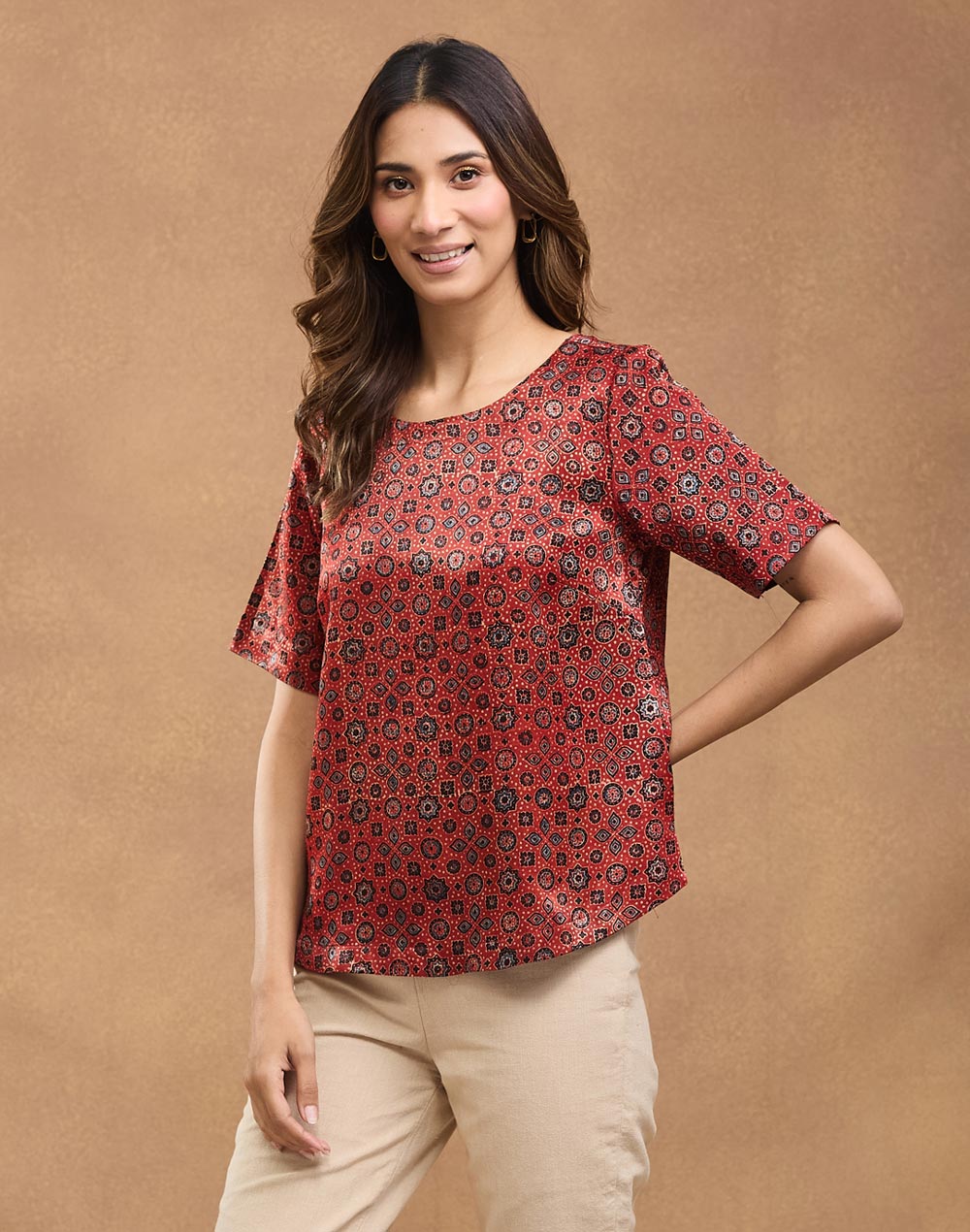 Maroon Viscose Blend Ajrakh Printed Arcadian Top