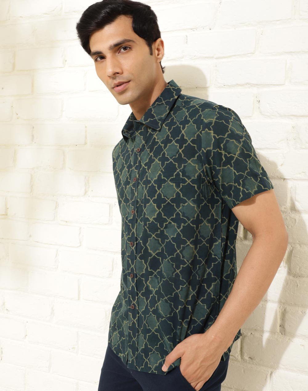 Green Cotton Dabu Printed Bush Shirt