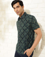 Green Cotton Dabu Printed Bush Shirt
