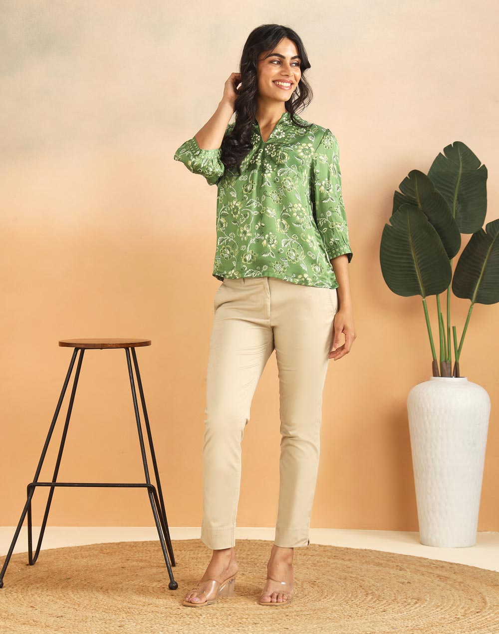 Green Rayon Blend Hand Block Printed Helen Top