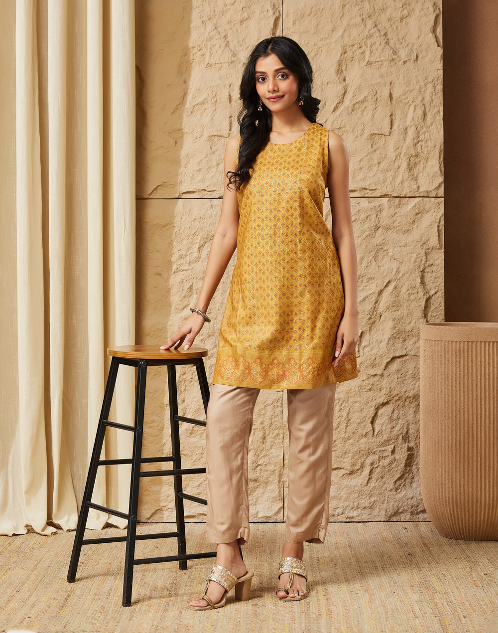 Mustard Viscose Silk Hand Block Printed Slim Fit Short Kurta