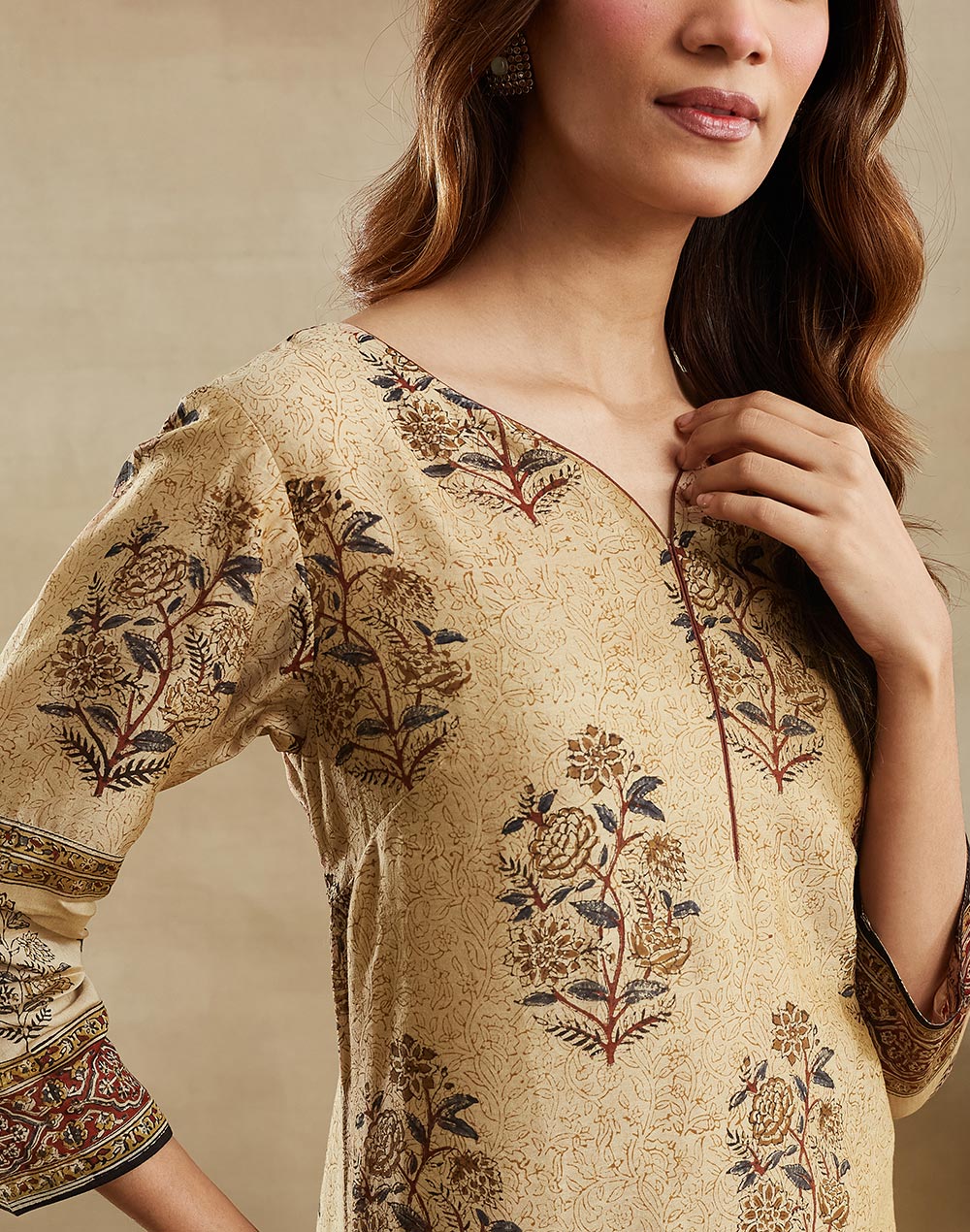 Beige Cotton Silk Long Kurta