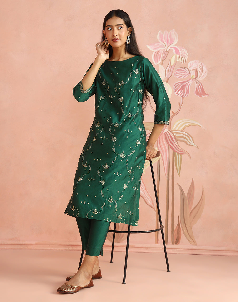 Emerald Cotton Silk Embroidered Long Kurta