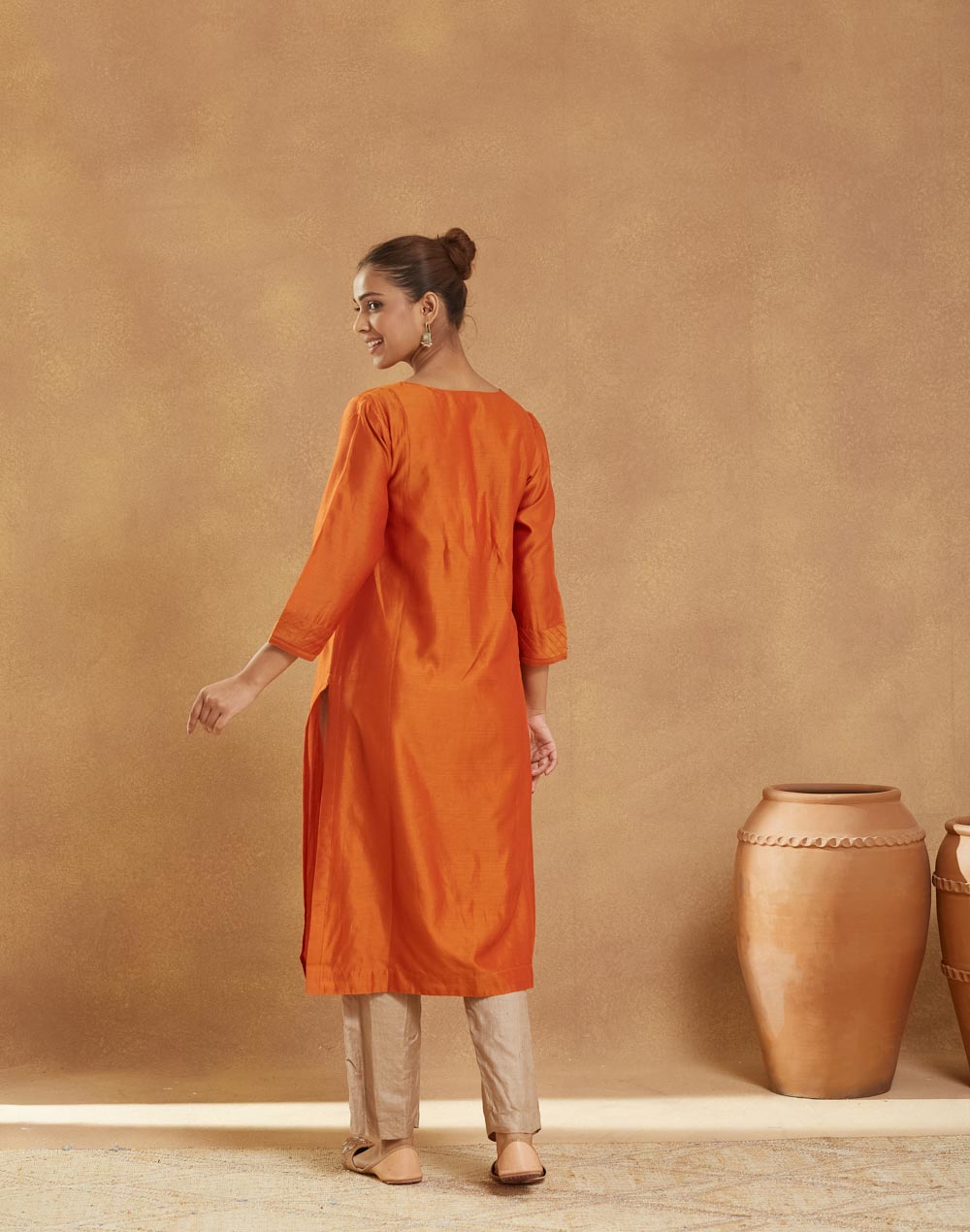 Orange Cotton Silk Long Kurta
