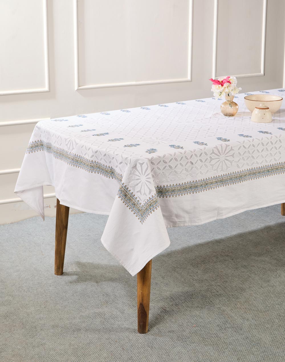 White Sangam Applique Embroidered Cotton Table Cover