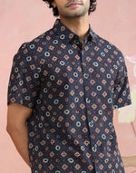 Blue-Red Cotton Ajrakh Print Shirt for Men with a traditional Ajrakh print