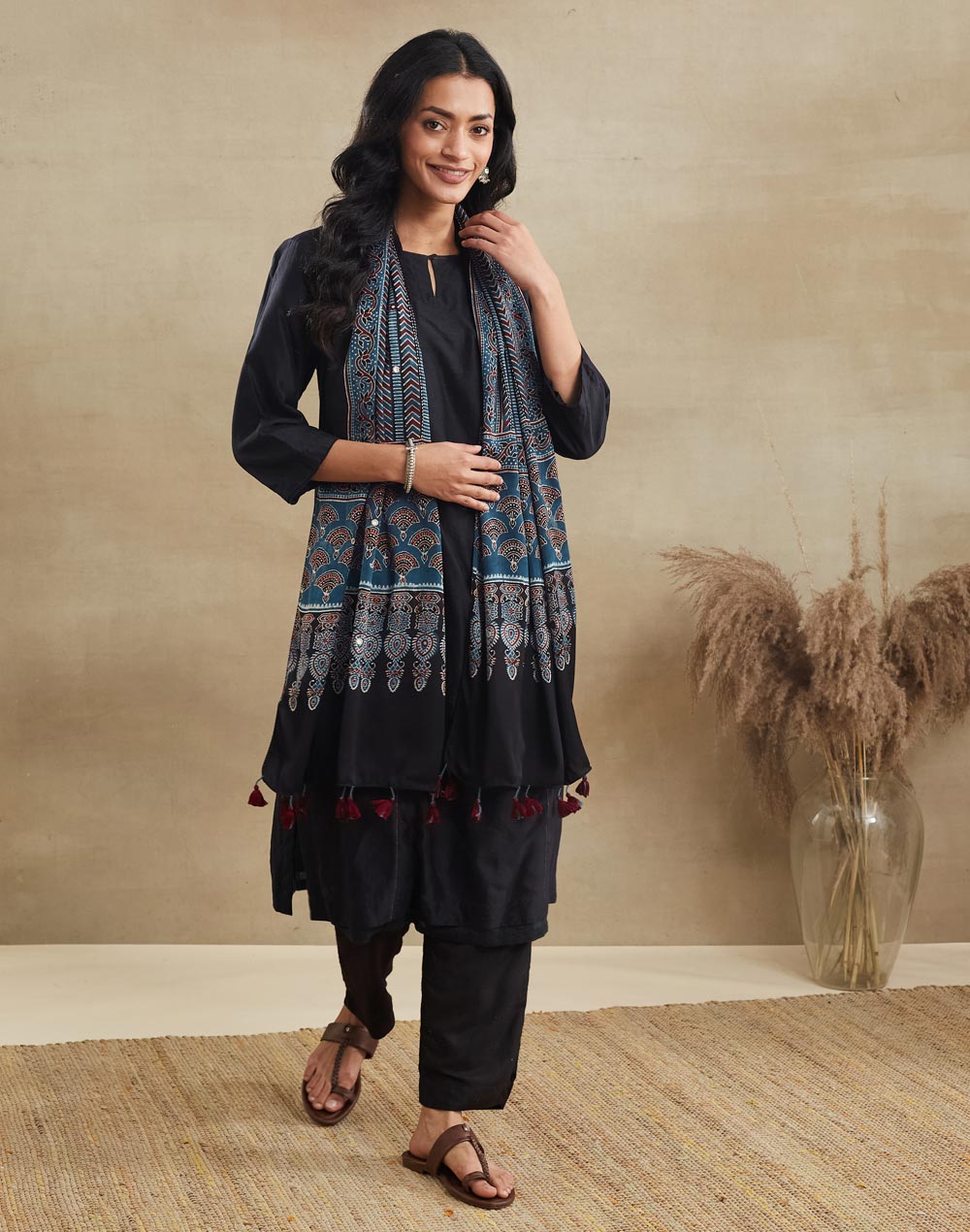 Indigo Viscose Blend Ajrakh Printed Stole