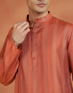 Orange Viscose Silk Zari Stripe Slim Fit Long Kurta
