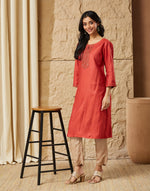 Rust Viscose Silk Pintuck Knee Length Kurta