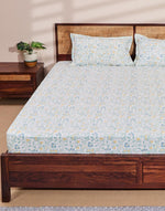 Teal Cotton Printed Bed Sheet With 2 Pillow Covers