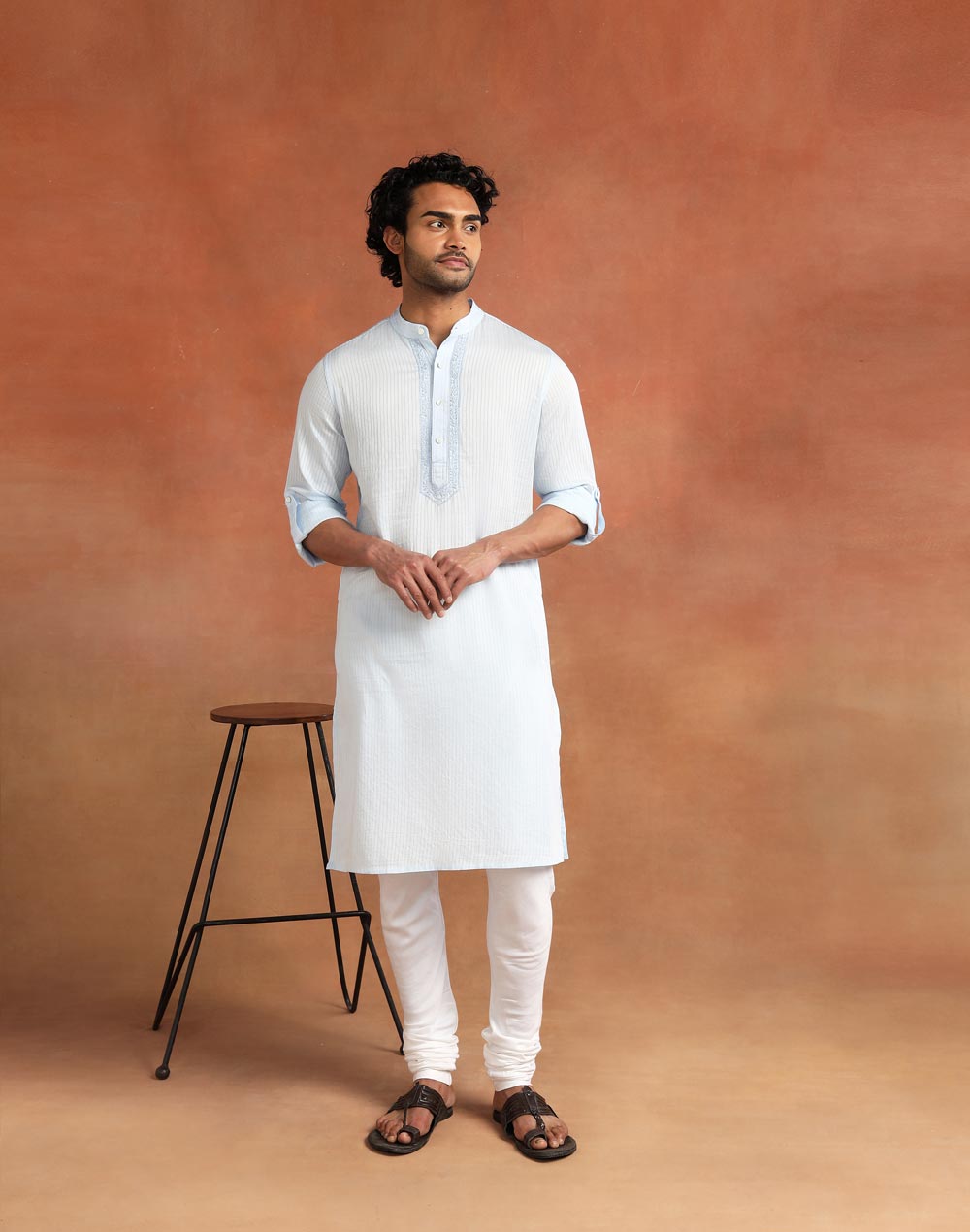 Blue Cotton Chikankari Slim Fit Long Kurta